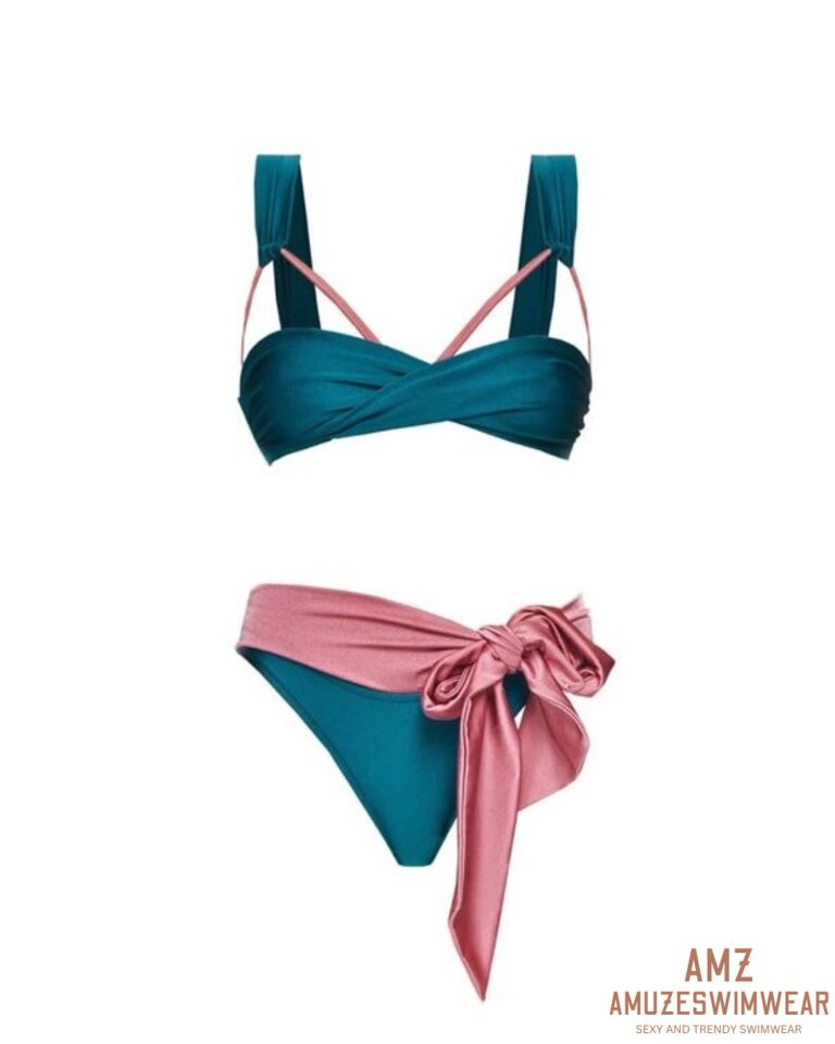 High Waist Contrast Bow Tie Halter Cut Out Bikini - Image 2