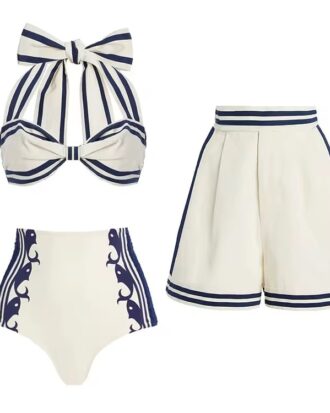 3 Piece Sailor High Waist Bikini with Cover Up Shorts