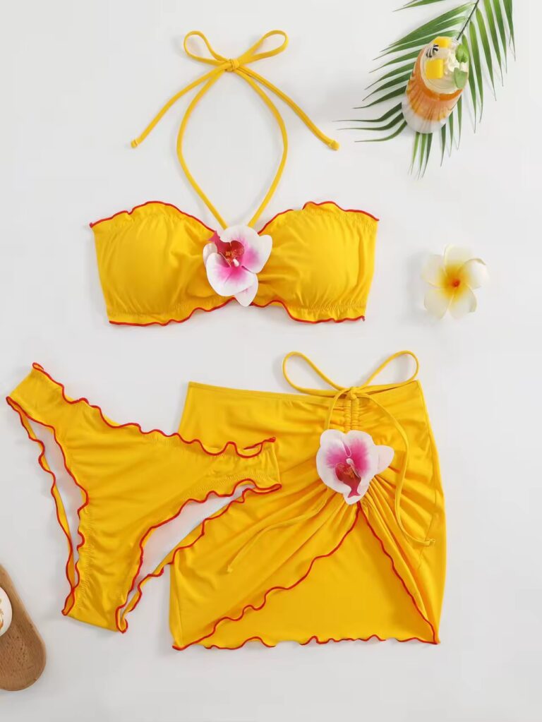 3 Piece 3D Flower Yellow Bikini Set - Image 5