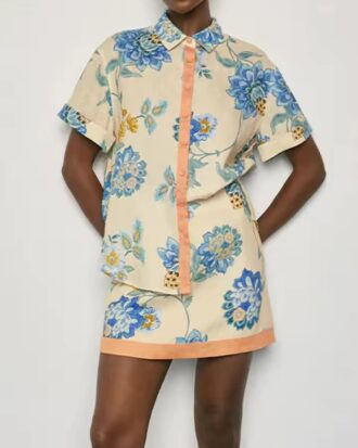 Printed Women Mini Skirt Short Sleeved Shirts Resort Summer Two-Piece Set