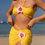 3 Piece 3D Flower Yellow Bikini Set