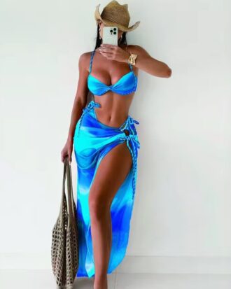 3 Piece Gradient Sexy Bikini with Mesh Split Skirt Cover Up
