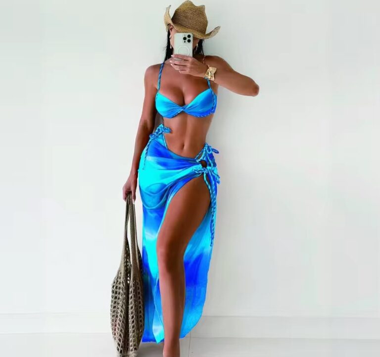 3 Piece Gradient Sexy Bikini with Mesh Split Skirt Cover Up