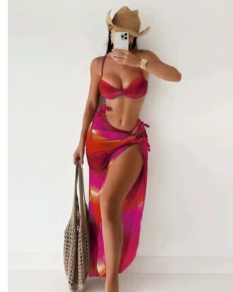 3 Piece Gradient Sexy Bikini with Mesh Split Skirt Cover Up