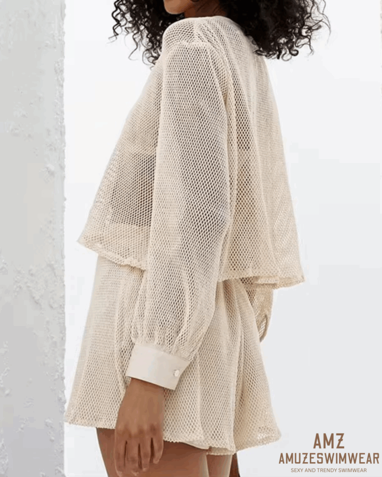 Summer Knitted Mesh Cardigan Top Straight Pants Shorts Vacation Set - Image 4