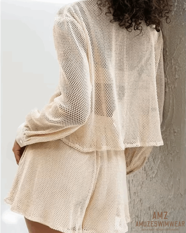 Summer Knitted Mesh Cardigan Top Straight Pants Shorts Vacation Set - Image 2