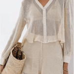 Summer Knitted Mesh Cardigan Top Straight Pants Shorts Vacation Set