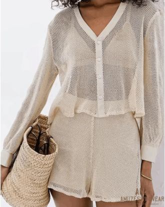 Summer Knitted Mesh Cardigan Top Straight Pants Shorts Vacation Set