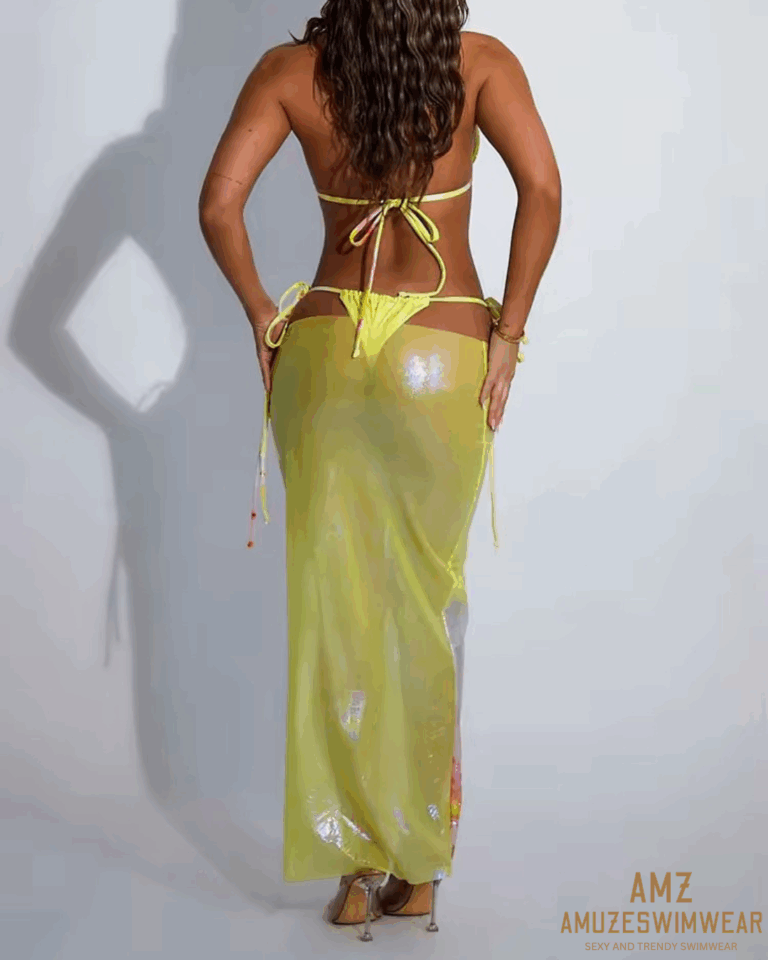 Yellow Floral 3 Piece Metallic Side Tie Triangle Bikini Set With Mesh Skirt Cover Up - Image 3