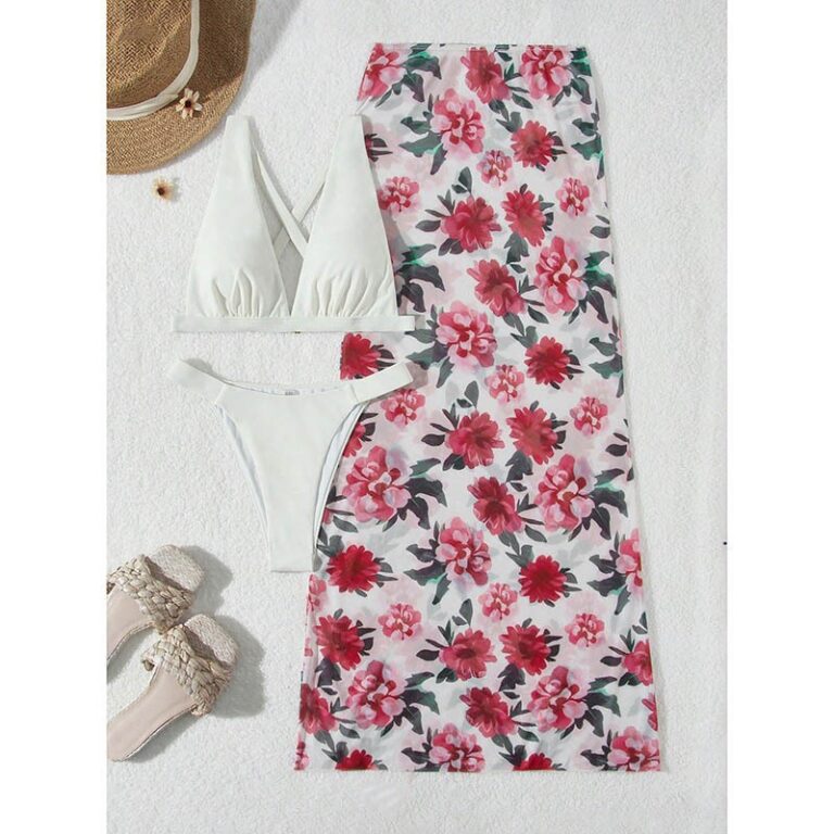 3 Piece White Bikini With Floral Skirt Cover Up Set