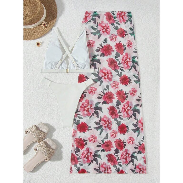 3 Piece White Bikini With Floral Skirt Cover Up Set - Image 2