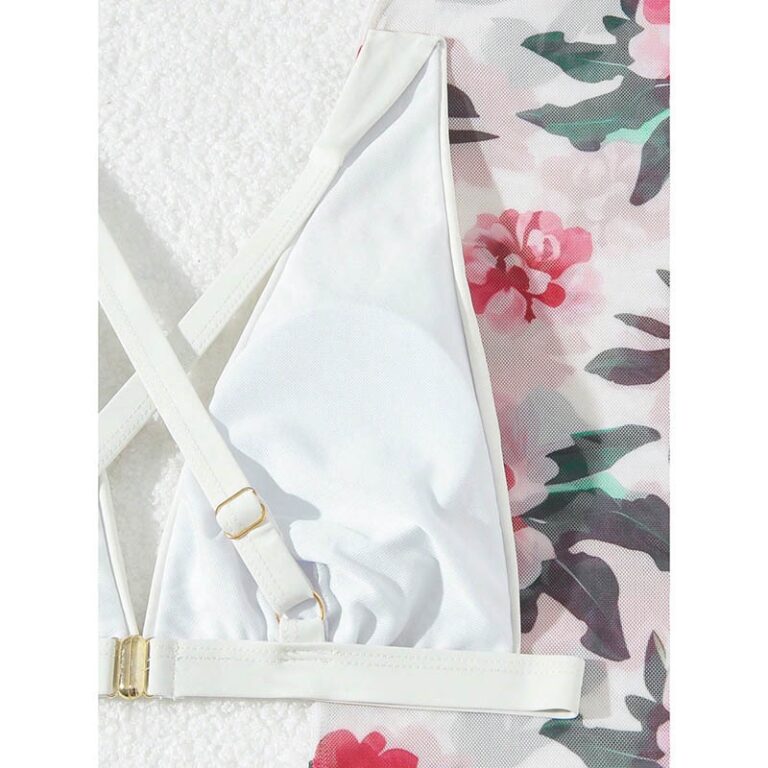 3 Piece White Bikini With Floral Skirt Cover Up Set - Image 3