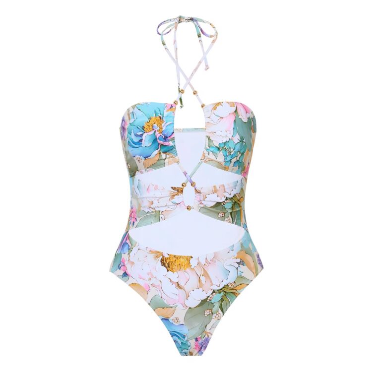 2 Piece Cut Out Floral Monokini With Split Skirt Cover Up - Image 3