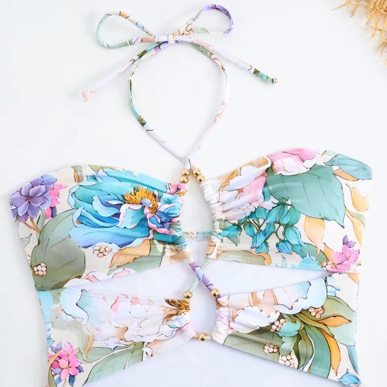 2 Piece Cut Out Floral Monokini With Split Skirt Cover Up - Image 2