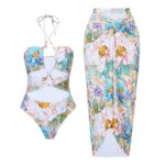2 Piece Cut Out Floral Monokini With Split Skirt Cover Up