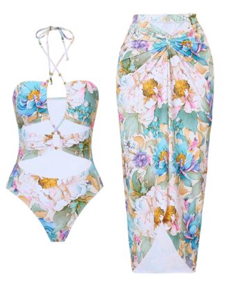 2 Piece Cut Out Floral Monokini With Split Skirt Cover Up