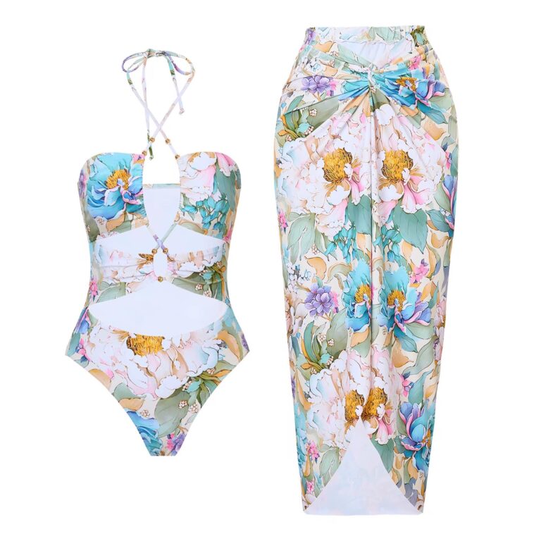 2 Piece Cut Out Floral Monokini With Split Skirt Cover Up