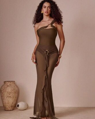 Designer One Shoulder 2 Piece Set With Mesh Maxi Skirt Cover Up