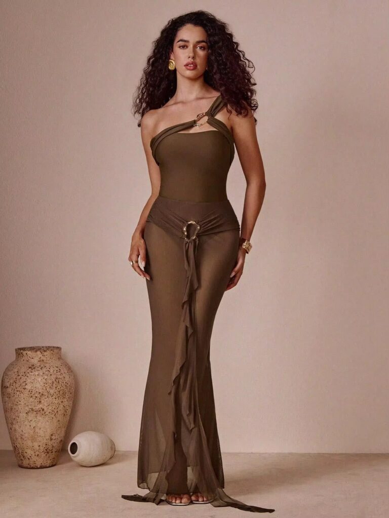 Designer One Shoulder 2 Piece Set With Mesh Maxi Skirt Cover Up