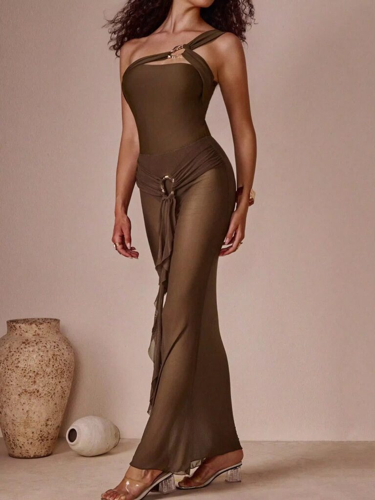 Designer One Shoulder 2 Piece Set With Mesh Maxi Skirt Cover Up - Image 2