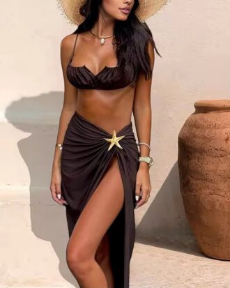 3 Piece Brown V Wire Conservative Lucury Resort Wer Bikini Set